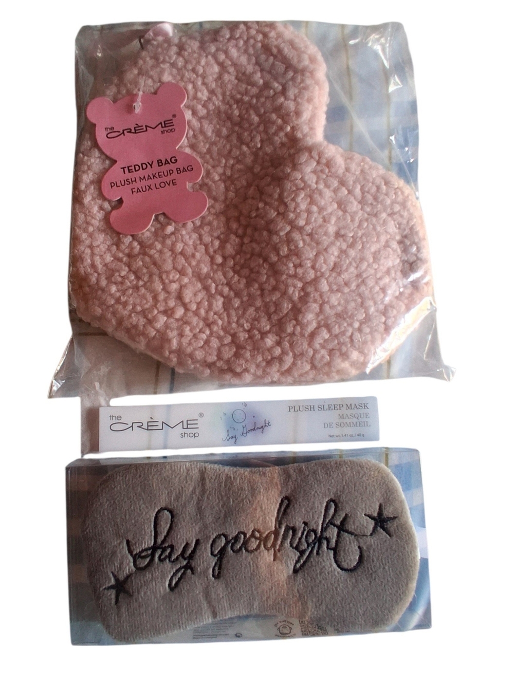 The CRÈME Shop Pink Plush Teddy Makeup Bag and Sleep Mask Set - New